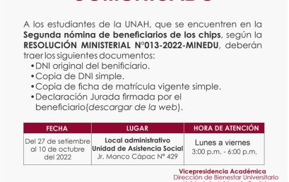 SEGUNDA NÓMINA DE BENEFICIARIOS DE LOS CHIPS SEGÚN LA R. M. Nº 013-2022-MINEDU