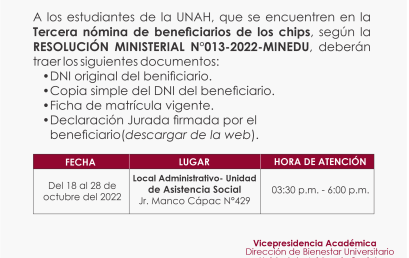 TERCERA NÓMINA DE BENEFICIARIOS DE LOS CHIPS SEGÚN LA R.M. Nº 013-2022-MINEDU