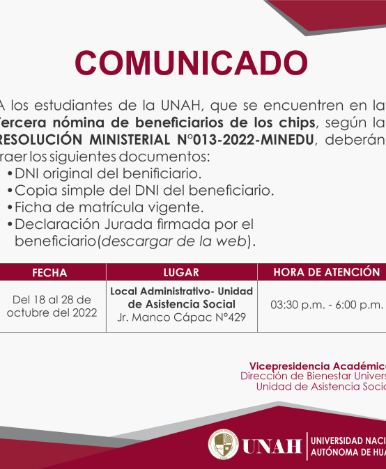 TERCERA NÓMINA DE BENEFICIARIOS DE LOS CHIPS SEGÚN LA R.M. Nº 013-2022-MINEDU